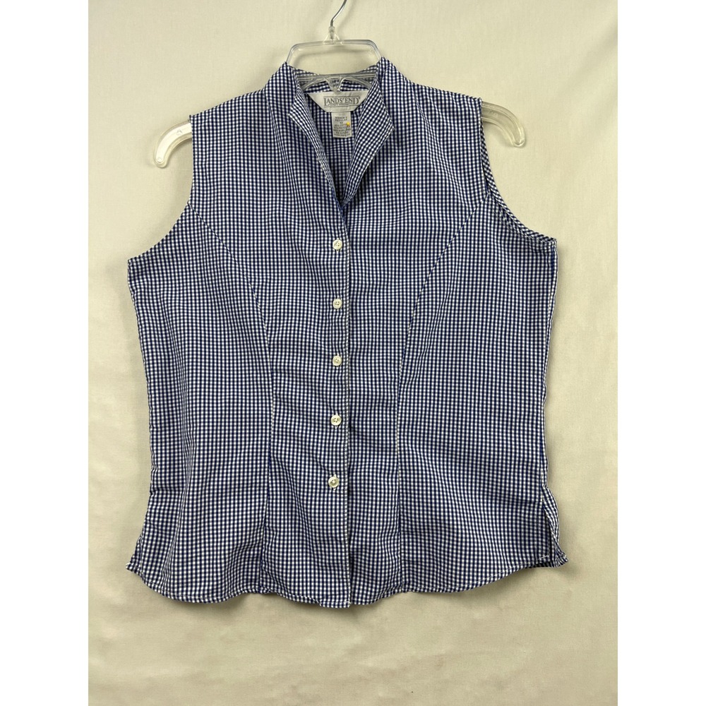 Lands End Gingham Blouse Sleeveless Button Down Shirt Womens 10 Navy Blue Check